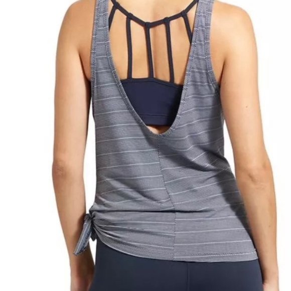 Athleta Top Max Out Tank Blue Striped Side Tie Low Back Blue S Activewear - Picture 3 of 15